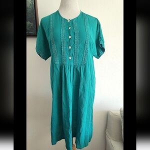 #13 Women's Gauzy Emerald Green Lace Trim Button Dress Size M/L